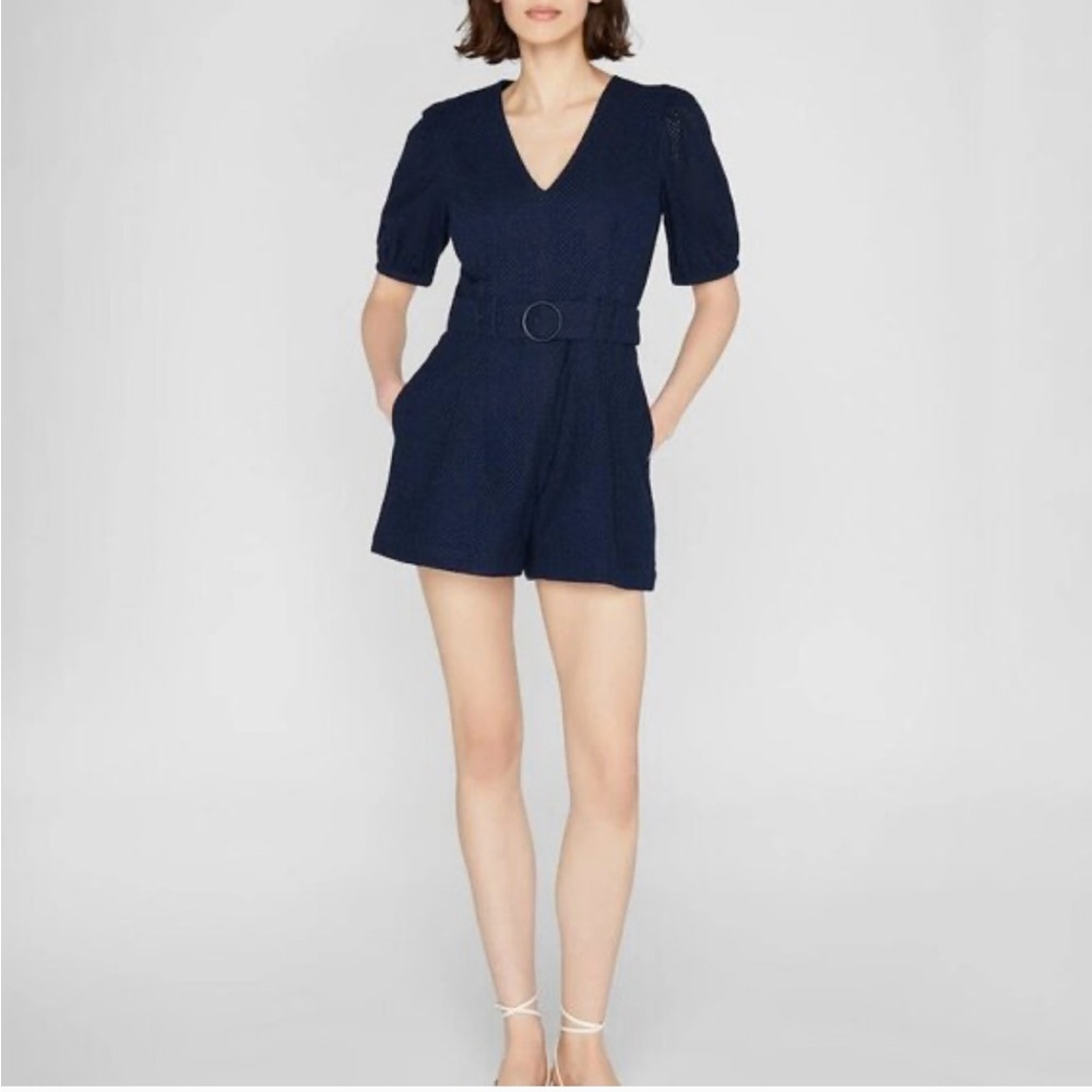 NWT- Club Monaco Navy Blue Women's Eyelet Romper with Puff Sleeves